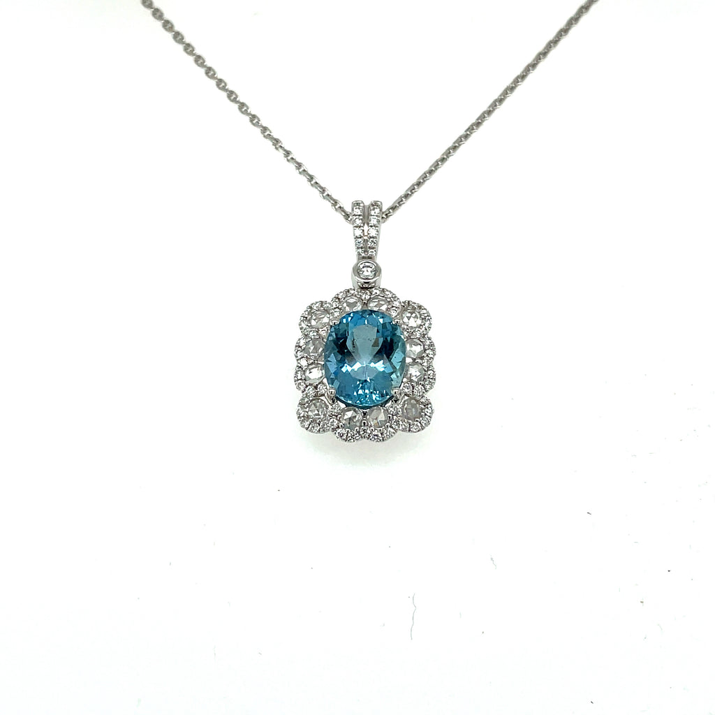 Oval Aqua and Diamond Pendant Necklace