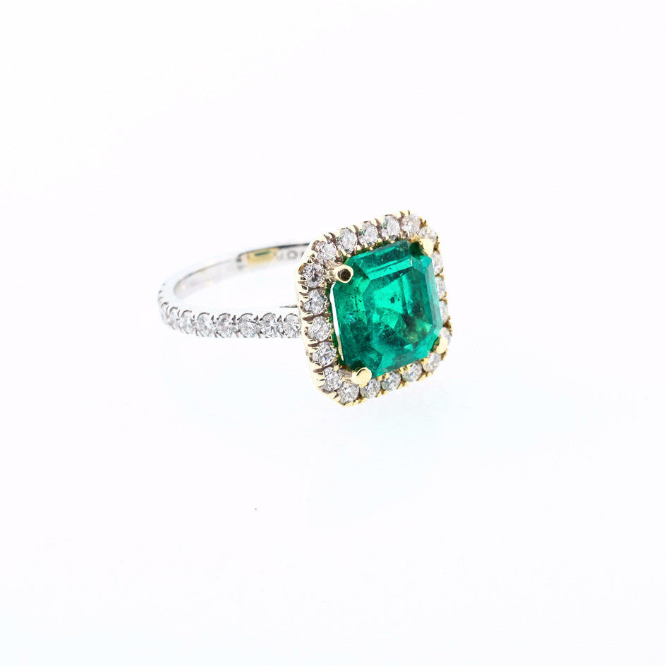 Emerald Ring with Diamond Halo